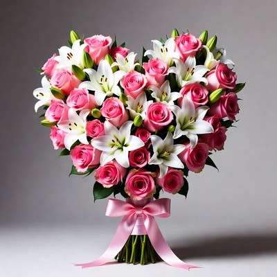 Pink Roses and White Lilies Heart Bouquet