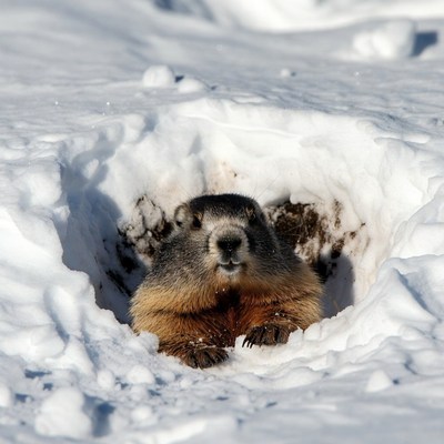 Marmot emerging from snow hole