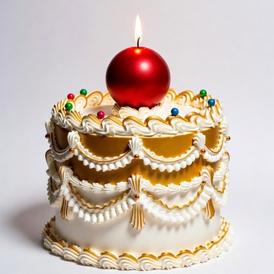 Birthday cake with candle and red ornament