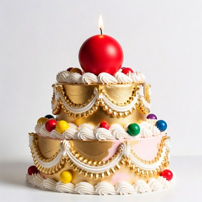 Two-tier gold birthday cake with candle