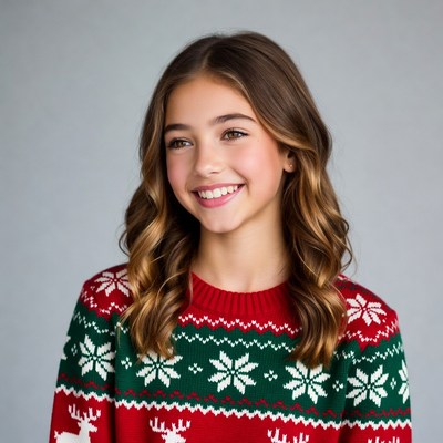 Girl smiling in red Christmas sweater