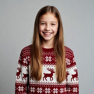 Girl smiling in reindeer Christmas sweater