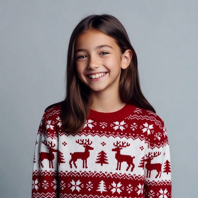 Girl smiling in reindeer Christmas sweater