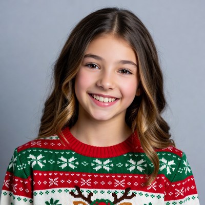 Girl smiling in reindeer Christmas sweater