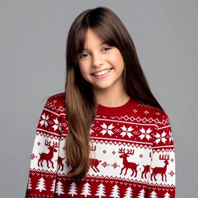Girl smiling in reindeer Christmas sweater