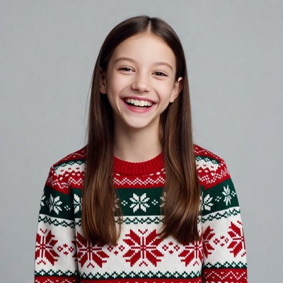 Girl smiling in red Christmas sweater