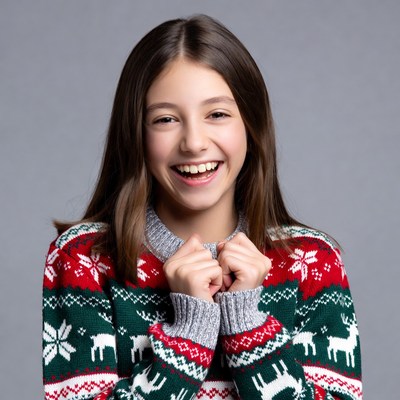 Girl smiling in red green Christmas sweater
