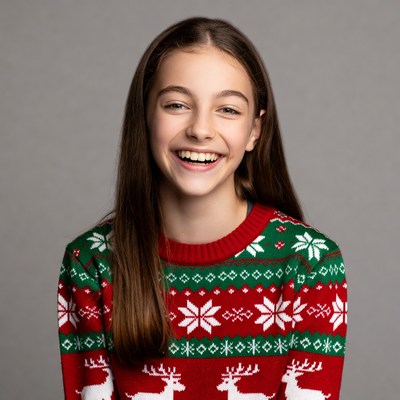 Girl smiling in red green Christmas sweater