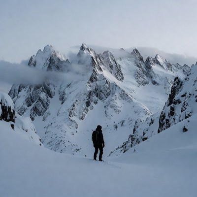 Hiker standing in snowy mountains