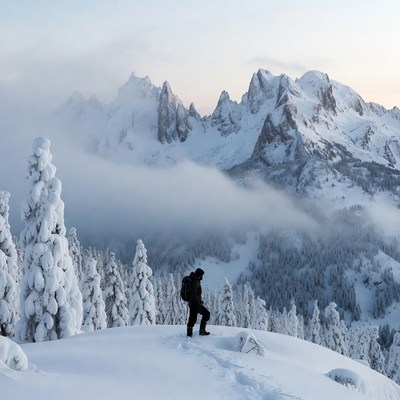 Hiker overlooking snowy mountains