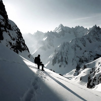 Silhouette hiker on snowy mountain ridge