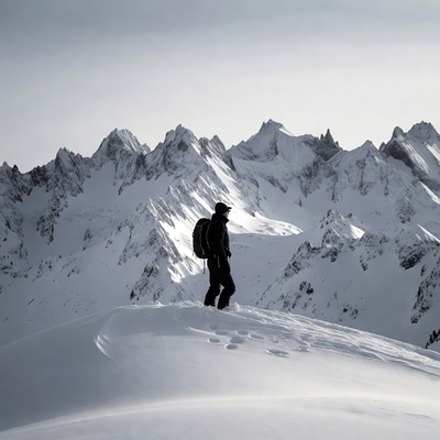 Man backpacking snowy mountain ridge