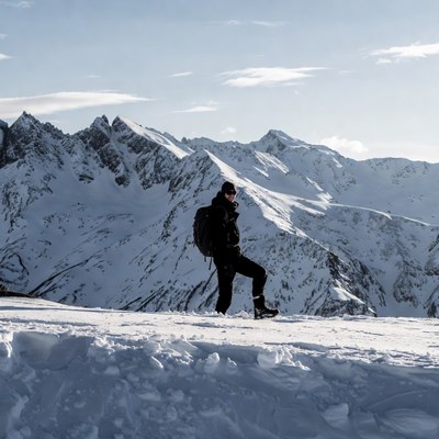 Man hiking snowy mountains