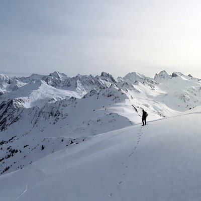 Hiker on snowy mountain ridge