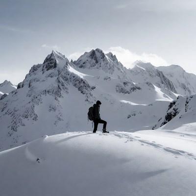 Man hiking snowy mountain ridge