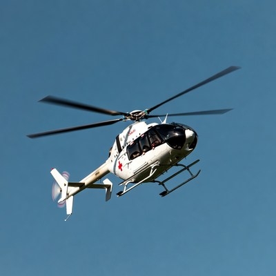 White medical helicopter flying in sky