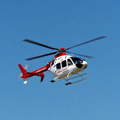 Red White Air Ambulance Helicopter Flying