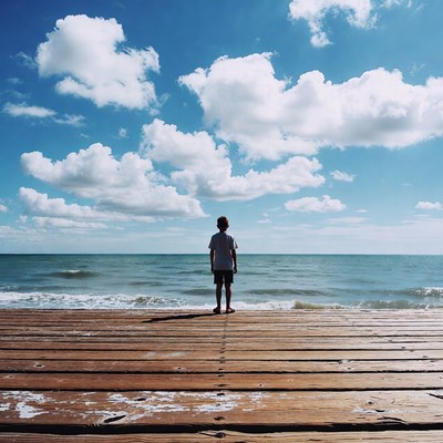 Boy standing on pier facing ocean