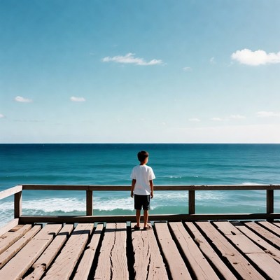 Boy gazing at ocean from pier