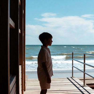 Boy silhouette on beach pier