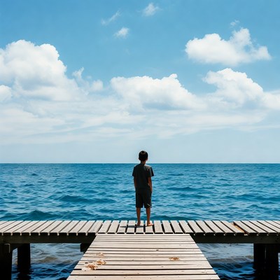 Boy standing on pier gazing at ocean
