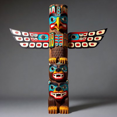 Colorful Totem Pole with Eagle and Bear