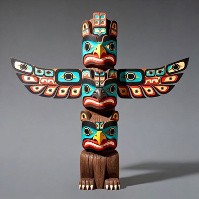 Colorful Totem Pole with Eagle and Bear