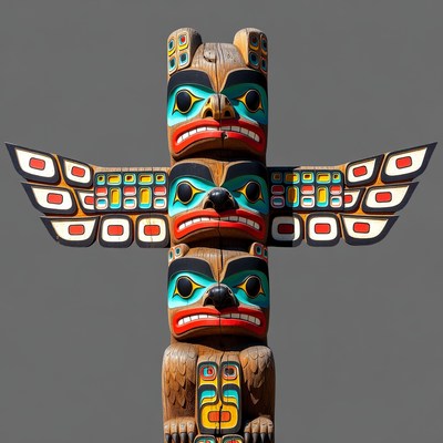 Colorful Totem Pole with Bear Raven Faces