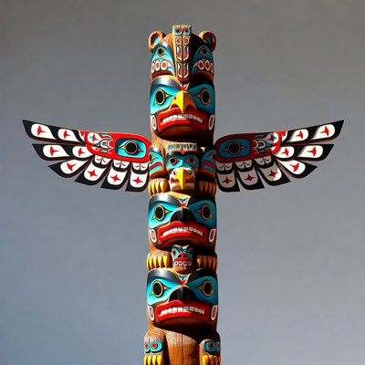 Colorful Totem Pole with Eagle and Bear