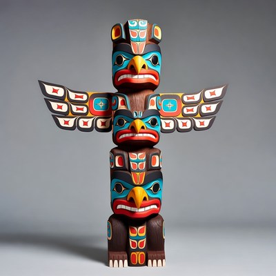 Colorful Totem Pole with Bear Eagle Raven