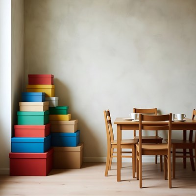Colorful stacked boxes near wooden dining table