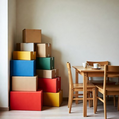 Colorful Cardboard Boxes Stacked Near Wooden Table