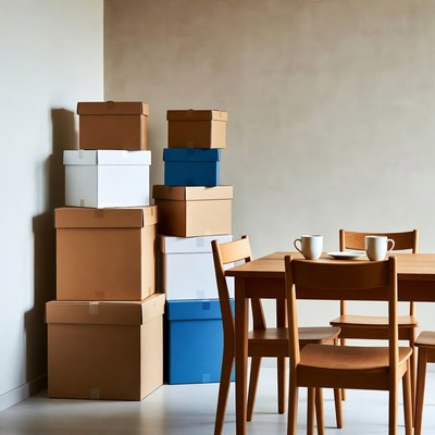 Stacked Cardboard Boxes Near Wooden Dining Table