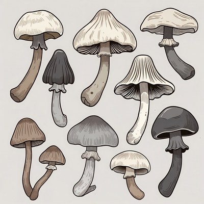 Variety of Hand-Drawn Mushrooms