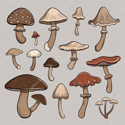 Variety of Hand-Drawn Mushrooms
