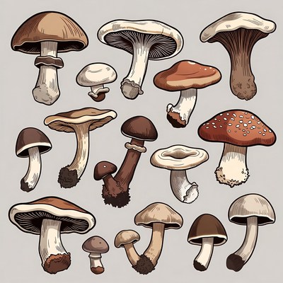 Variety of Hand-Drawn Mushrooms
