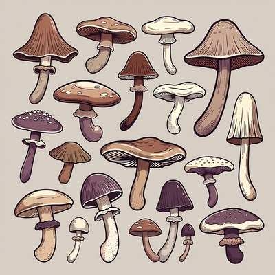 Variety of Hand-Drawn Mushrooms