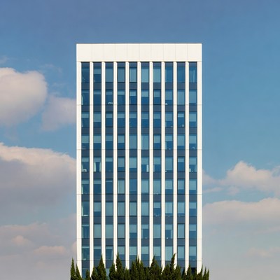 White Modern Skyscraper Against Blue Sky