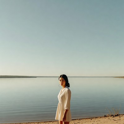 Asian woman in white dress by lake