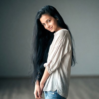 Smiling woman with long black hair