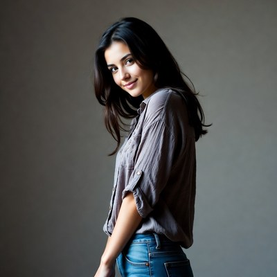 Smiling woman in gray shirt and jeans