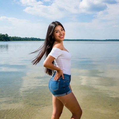 Asian woman in white top by lake