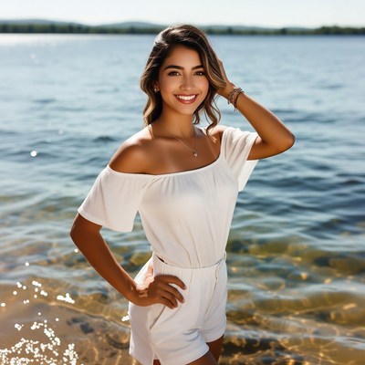 Smiling woman in white jumpsuit by lake