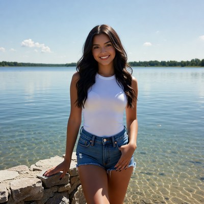Smiling Latina woman by lake
