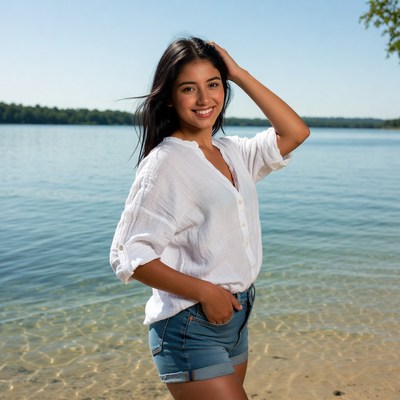 Smiling woman by lake in white top