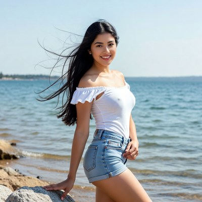 Asian woman smiling on beach