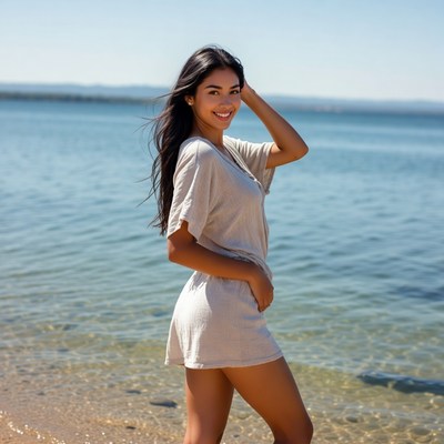 Asian woman in beach outfit by lake
