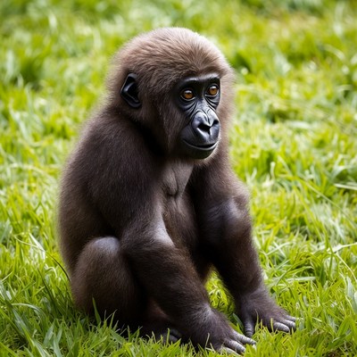 Baby Baboon Sitting in Grass