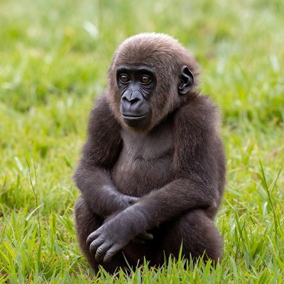 Baby gorilla sitting in grass
