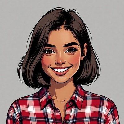Smiling woman in plaid shirt illustration